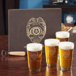 Engraved Police Badge Bottle Opener & Beer Glasses<br><div class="desc">Featuring 4 engraved pint beer glasses, and a personalized bottle opener, all gifts come encased in a protective, walnut-stained maple gift box. Laser engraved for your favorite officer, the wooden gift box and all four pint glasses are personalized with the name, rank, and badge number or year of your choice,...</div>