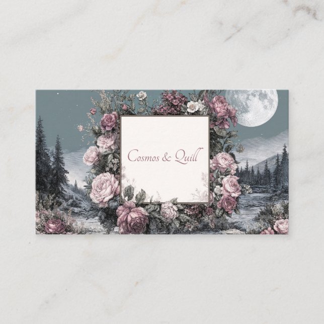 Engraved Rose Floral and Full Moon Night Landscape Business Card (Front)