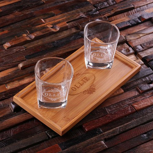 Engraved Serving Tray Set with Whiskey Glasses