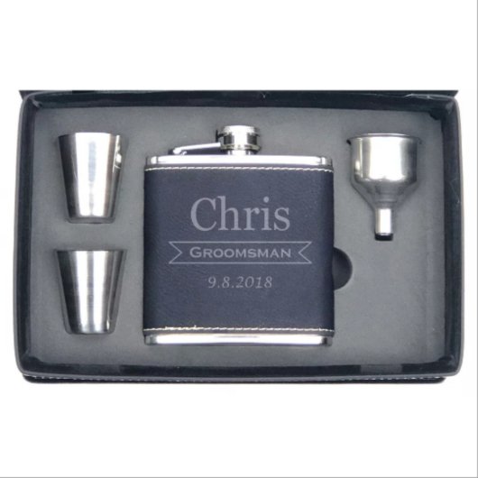 Engraved Stainless Steel Shot Glasses & Hip Flask (Front)