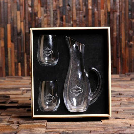 Engraved Stemless Wine Glass Set w/ Glass Decanter (Front)