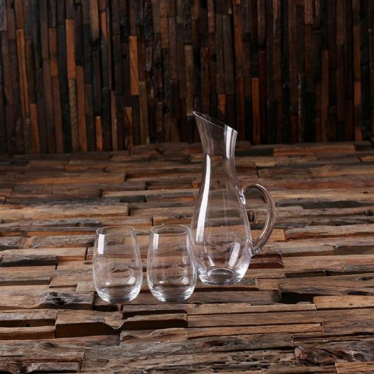 Engraved Stemless Wine Glass Set w/ Glass Decanter (Front)