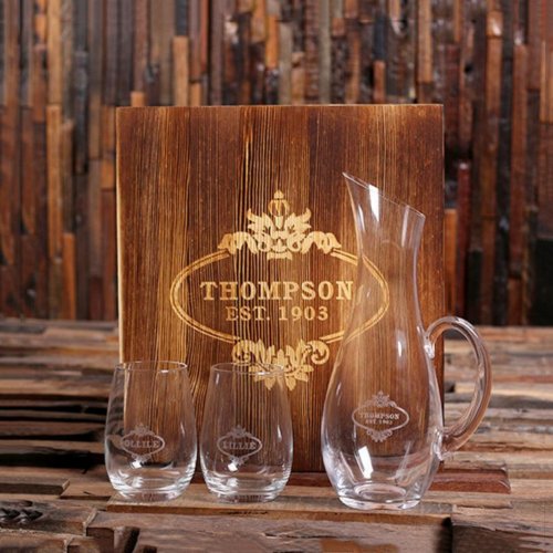 Engraved Stemless Wine Glass Set w Glass Decanter