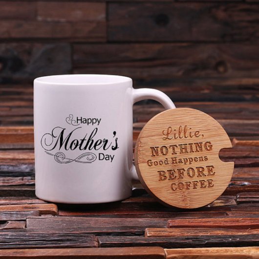 Engraved Tea Box with Cup Lid and Cute Coffee Mug (Front)