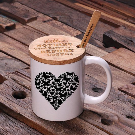 Engraved Tea Box with Intricate Heart Coffee Mug (Front Top)