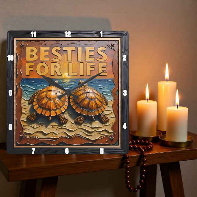 Engraved Turtle Pair Beach Sunset Square Wall Clock (Creator Uploaded)