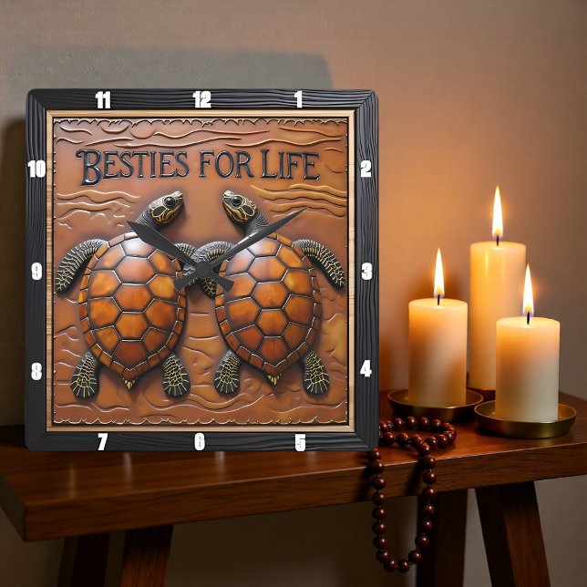 Engraved Turtle Pair Brown Monotone Square Wall Clock (Creator Uploaded)