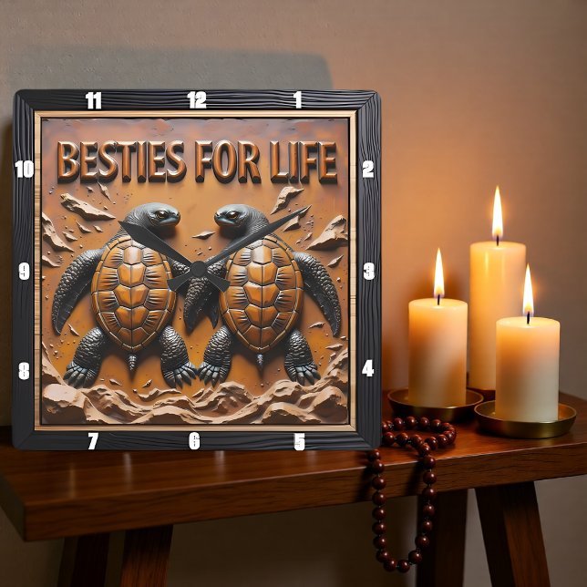 Engraved Turtle Pair Ocean Besties Square Wall Clock (Creator Uploaded)