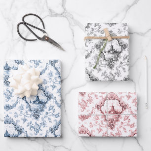 Engraved Vintage Floral Toile w/Windmill & Boats Wrapping Paper Sheets