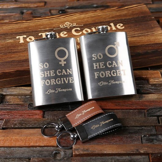 Engraved Whiskey  Flask Set With Leather Key Chain (Front)