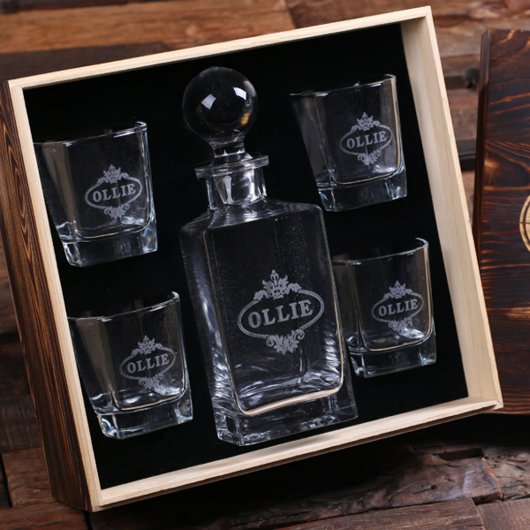 Engraved Whiskey Gift Set w/ Global Lid & Decanter (Inside)
