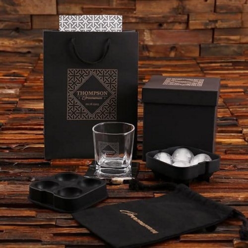 Engraved Whiskey Glass Gift Set w Marble Coasters