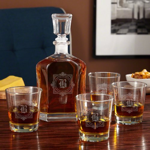 Engraved Whiskey Glass Set and Winchester Decanter