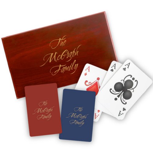 Engraved Wooden Box with 2 Sets of Playing Cards