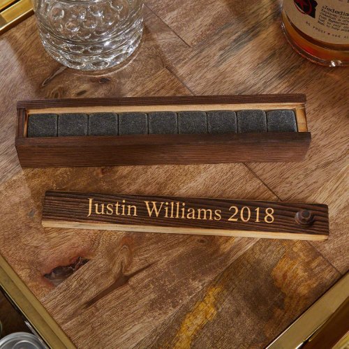 Engraved Wooden Box With 9 Burton Whiskey Stones