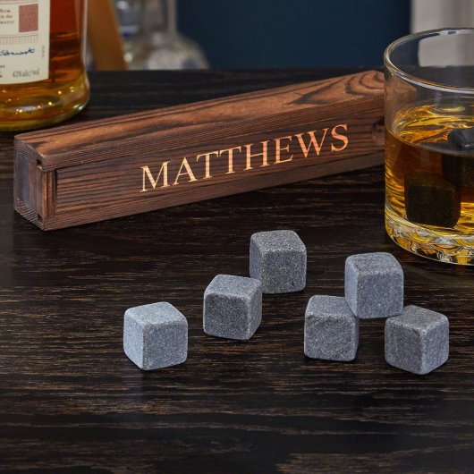 Engraved Wooden Box With 9 Burton Whiskey Stones (Front)