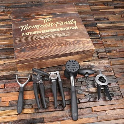 Engraved Wooden Box with Set of Kitchen Tools