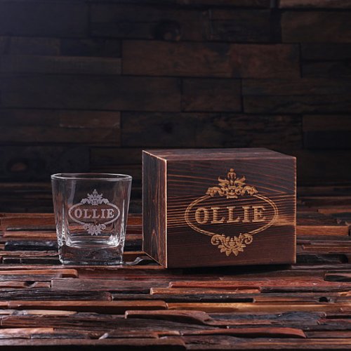 Engraved Wooden Gift Box with 8 oz Whiskey Glass