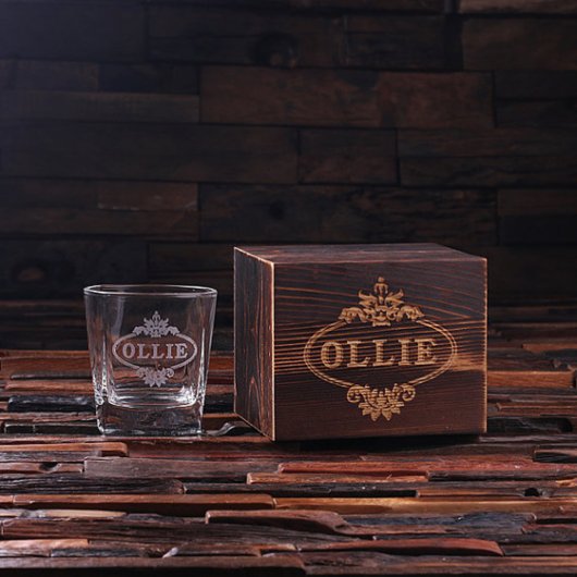 Engraved Wooden Gift Box with 8 oz. Whiskey Glass (Front)