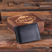 Engraved Wooden Gift Box with Monogram Mens Wallet (Front)