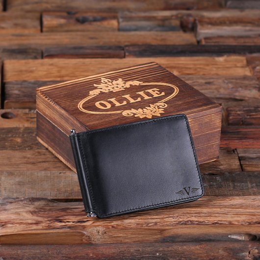 Engraved Wooden Gift Box with Monogram Mens Wallet (Front)