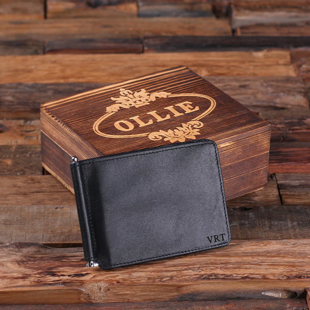 Engraved Wooden Gift Box with Monogram Mens Wallet (Top)