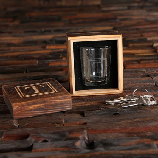 Engraved Wooden Gift Box with Monogram Shot Glass (Front)