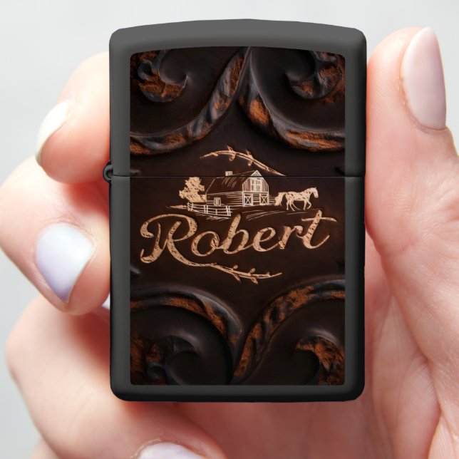 Engraved Wooden Sign With Barn Zippo Lighter (In Hand)