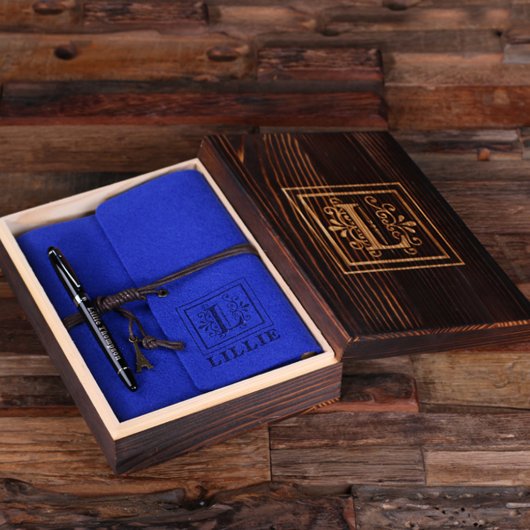 Engraved Writing Set & Blue Felt Journal (Inside)