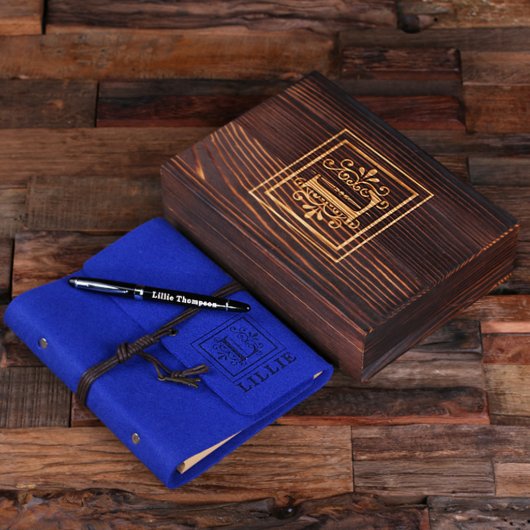 Engraved Writing Set & Blue Felt Journal (Top)