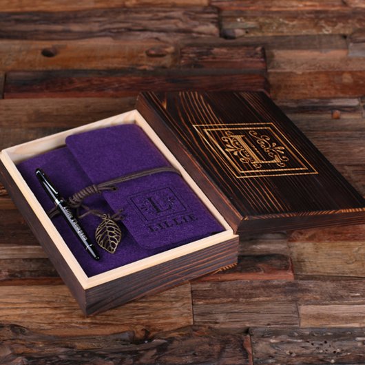 Engraved Writing Set & Deep Purple Felt Journal (Inside)