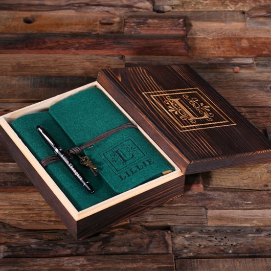 Engraved Writing Set & Hunter Green Felt Journal (Inside)
