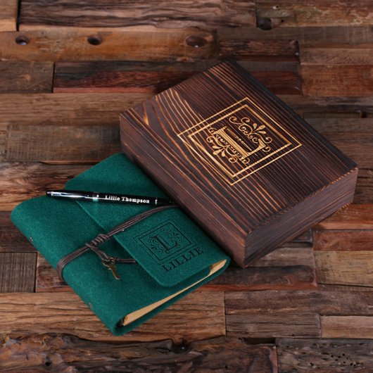 Engraved Writing Set & Hunter Green Felt Journal (Top)