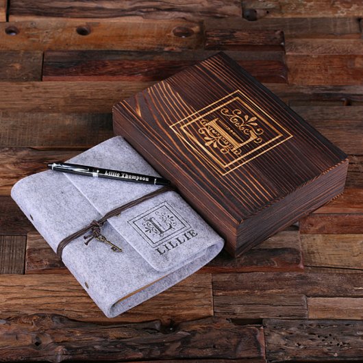 Engraved Writing Set & Light Gray Felt Journal (Top)