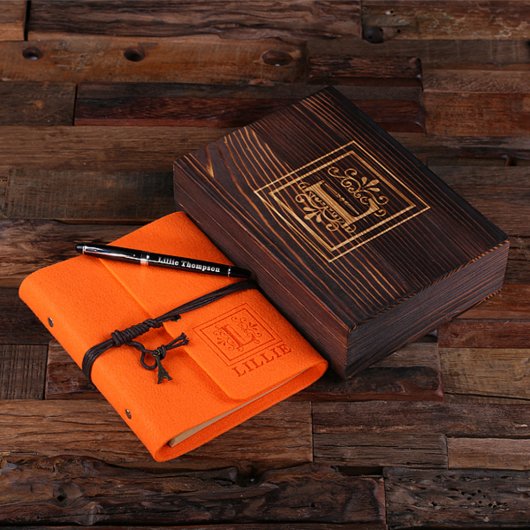 Engraved Writing Set & Neon Orange Felt Journal (Top)