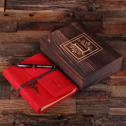 Engraved Writing Set & Ruby Red Felt Journal (Top)