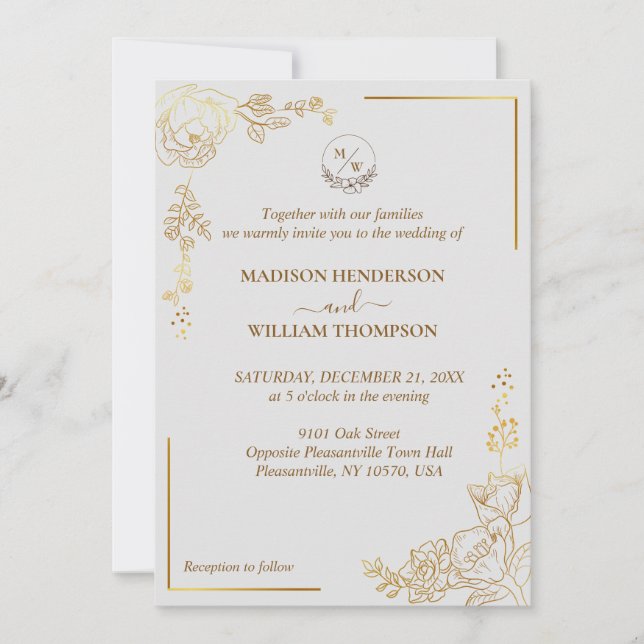 Engraving Golden Floral Wedding Invitation (Front)