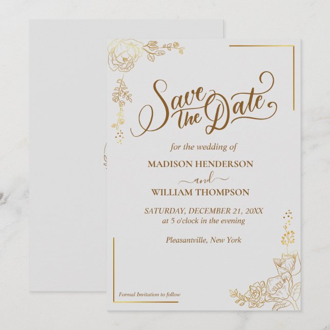 Engraving Golden Floral Wedding Save The Date Invitation (Front/Back)