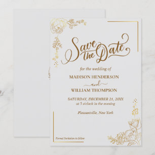 Engraving Golden Floral Wedding Save The Date Invitation