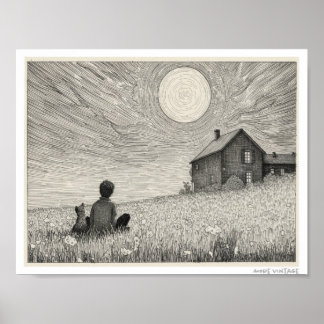 ENGRAVING OF BOY AND HIS DOG IN A FIELD POSTER