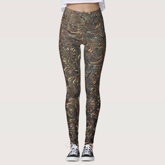 engraving pattern bronze monochrome Leggings (Front)