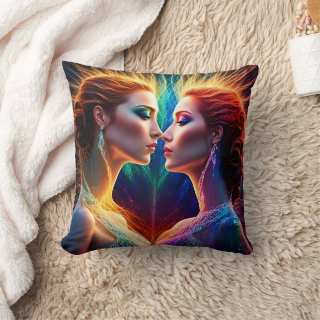 Enigmatic Duality of Animated Red-Haired Models Throw Pillow (Blanket)