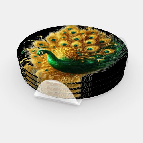 Enigmatic Elegance A Peacocks Emerald Plumes Coaster Set