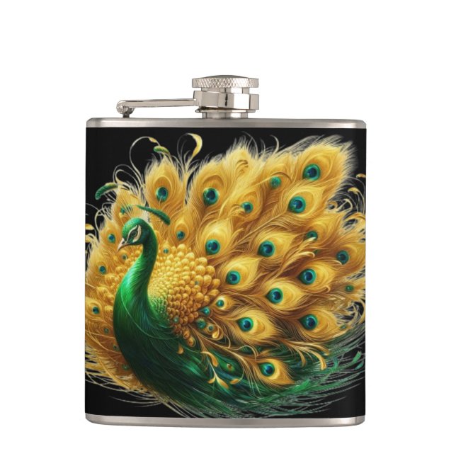 Enigmatic Elegance: A Peacocks Emerald Plumes Flask (Front)