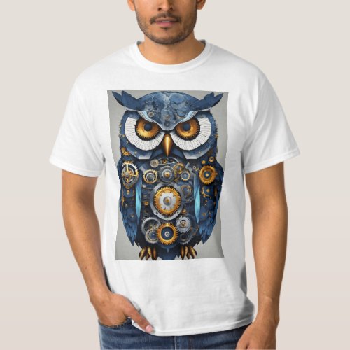 Enigmatic Elegance Steampunk Owl in Indigo Blue T_Shirt