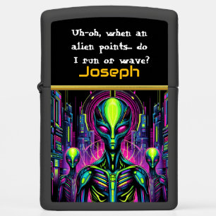 Enigmatic extraterrestrial figure stands zippo lighter