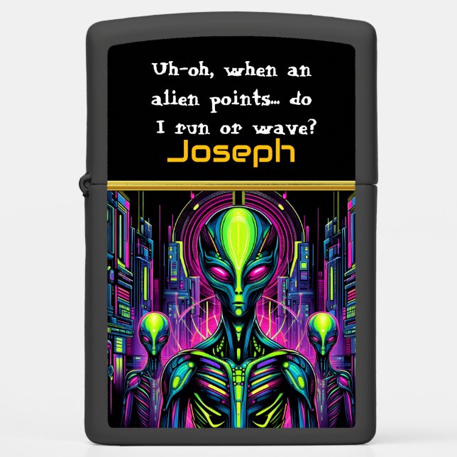 Enigmatic extraterrestrial figure stands zippo lighter (Front)