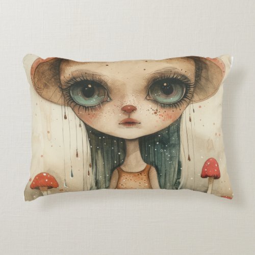 Enigmatic Girl With Mushroom Hat in Surreal Forest Accent Pillow