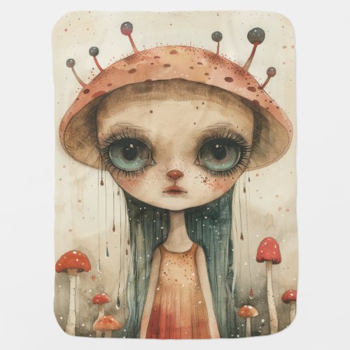 Enigmatic Girl With Mushroom Hat in Surreal Forest Baby Blanket