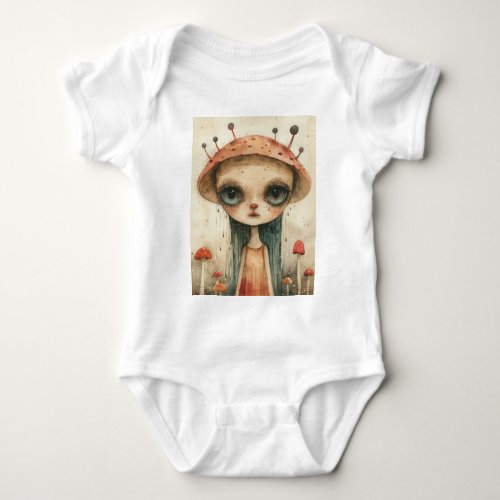 Enigmatic Girl With Mushroom Hat in Surreal Forest Baby Bodysuit
